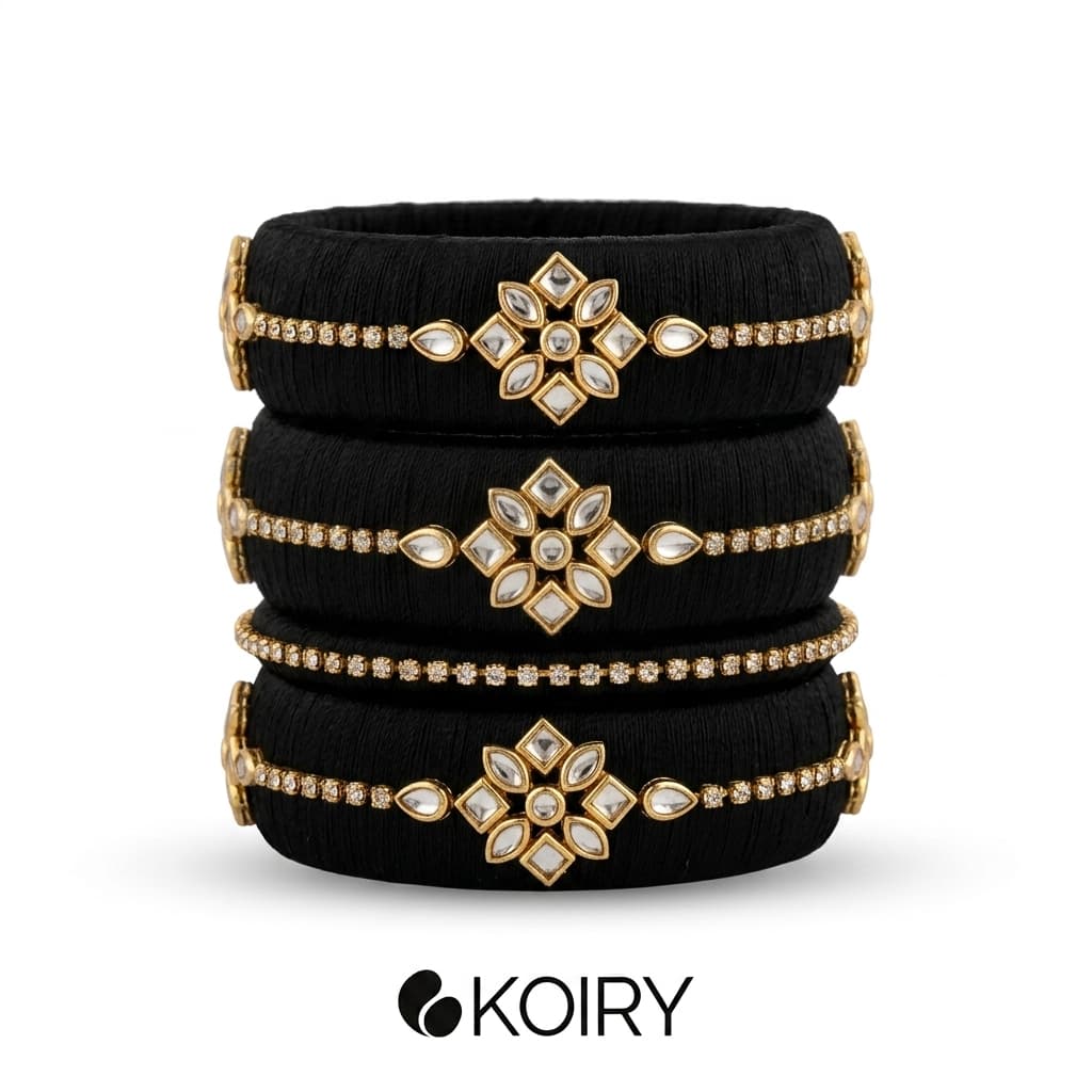 Black Silk Kundan Bangle Set - jewellery