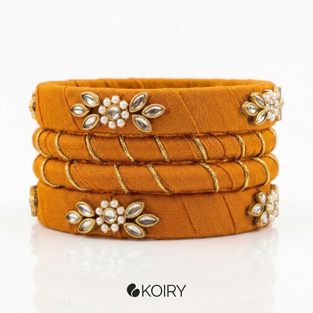 Mustard Silk Kundan Bangle Set - jewellery